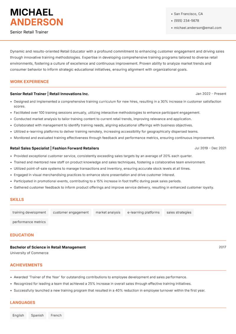 Retail Educator resume sample — Senior Retail Trainer focus