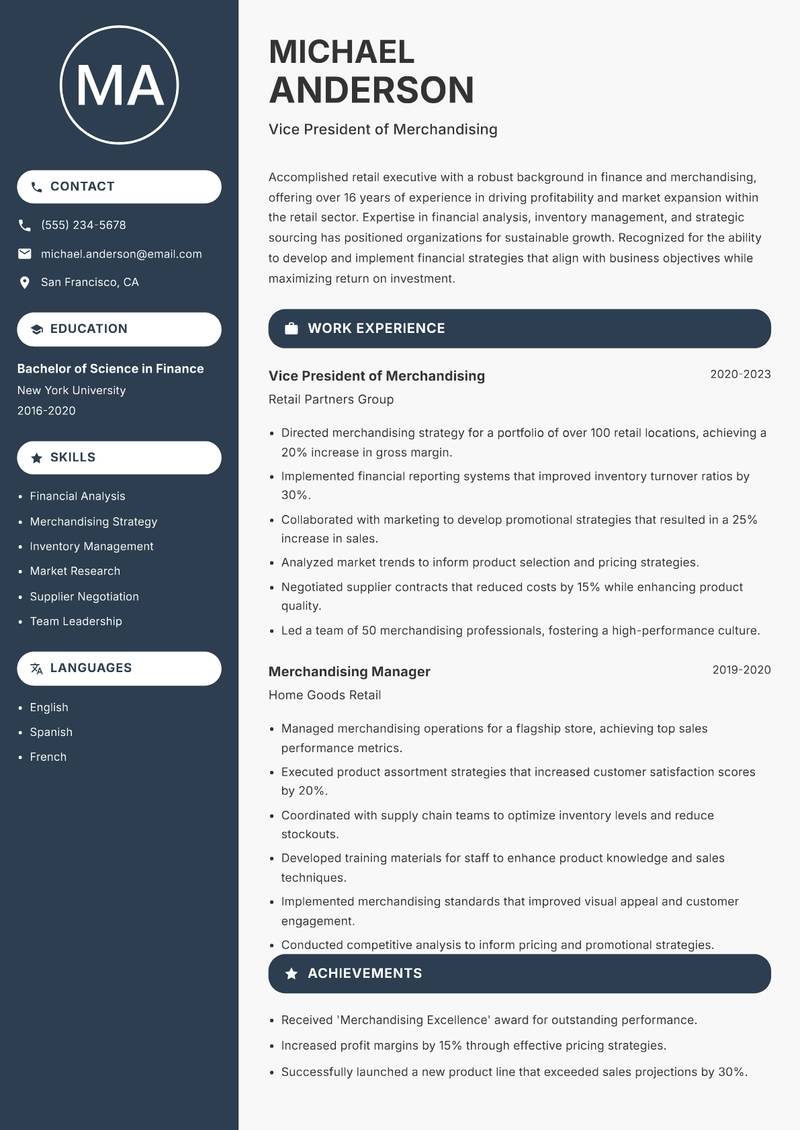 Retail Executive resume sample — Vice President of Merchandising focus