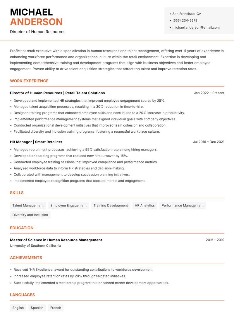 Retail Executive resume sample — Director of Human Resources focus