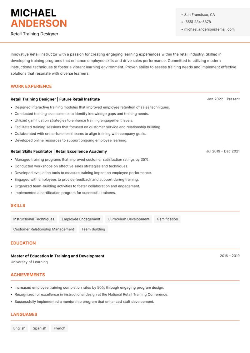 Retail Instructor resume sample — Retail Training Designer focus