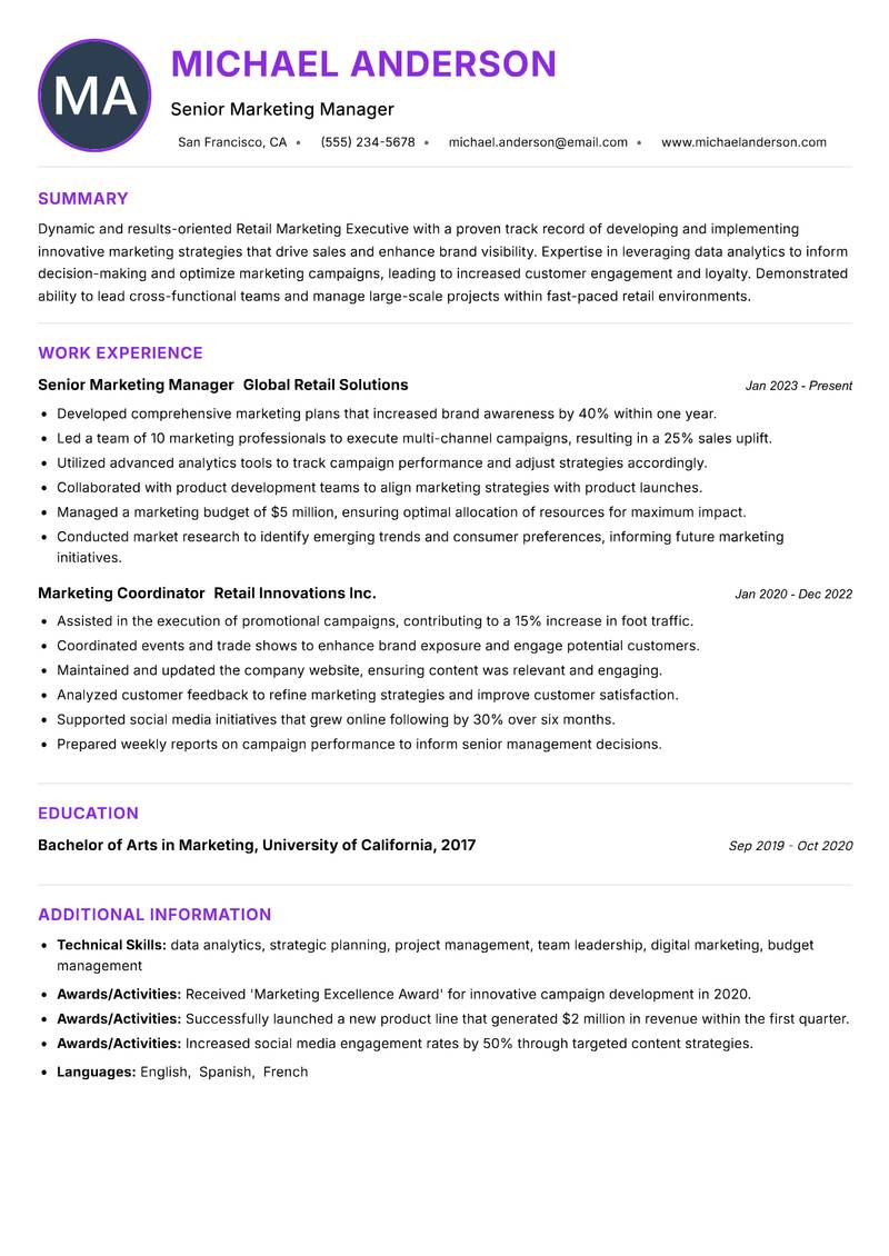 Retail Marketing Executive resume example
