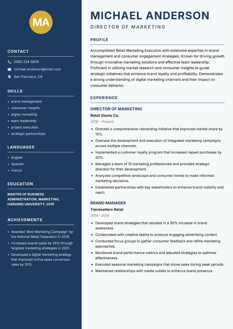Retail Marketing Executive resume sample — Director of Marketing focus