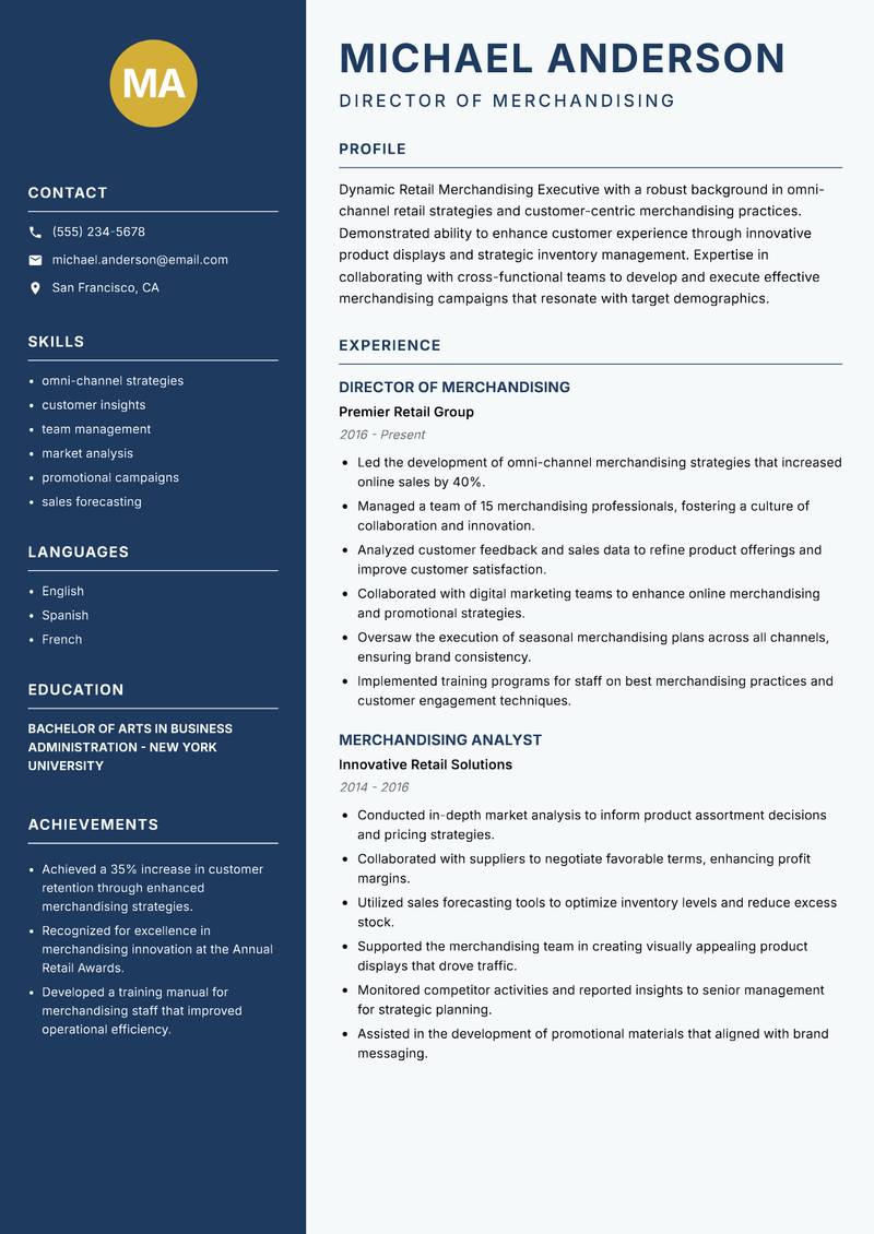 Retail Merchandising Executive resume sample — Director of Merchandising focus