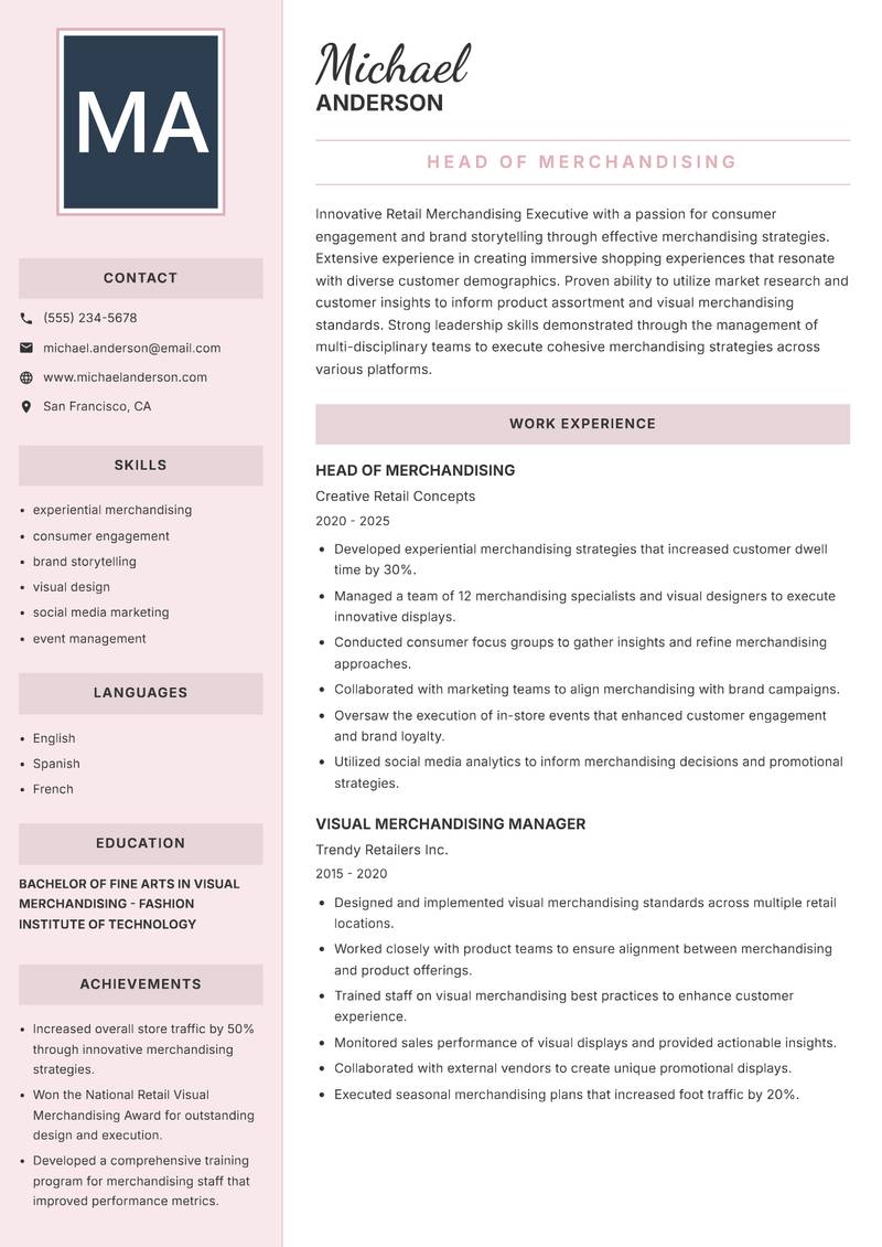 Retail Merchandising Executive resume sample — Head of Merchandising focus