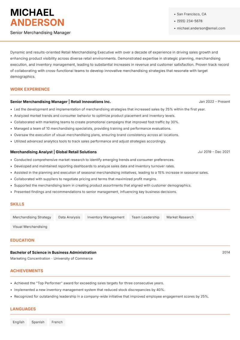 Retail Merchandising Executive resume sample — Senior Merchandising Manager focus