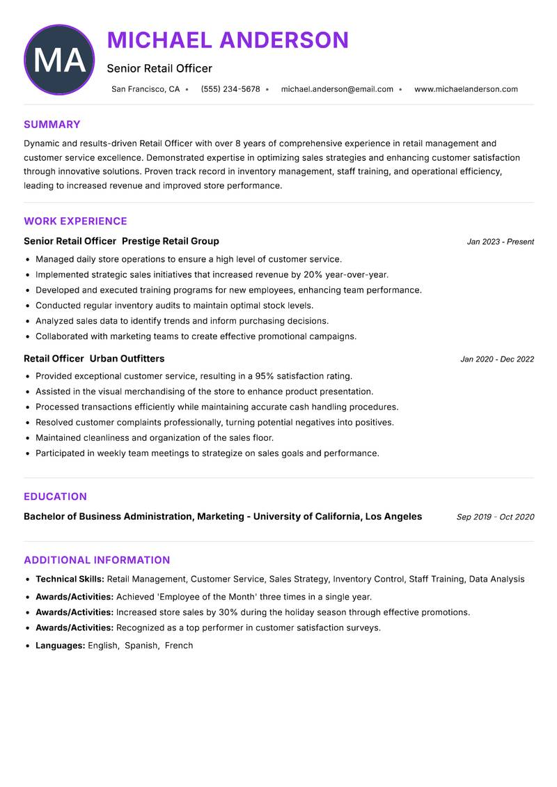 Retail Officer resume example