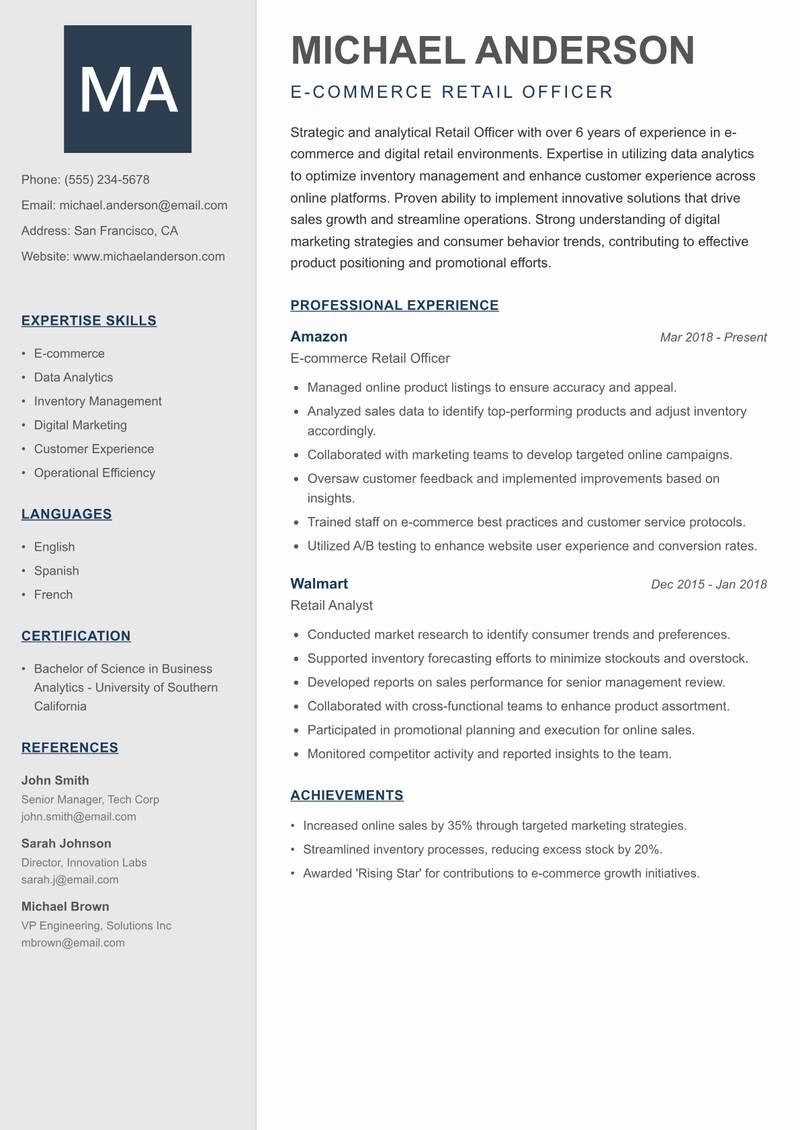 Retail Officer resume sample — E-commerce Retail Officer focus