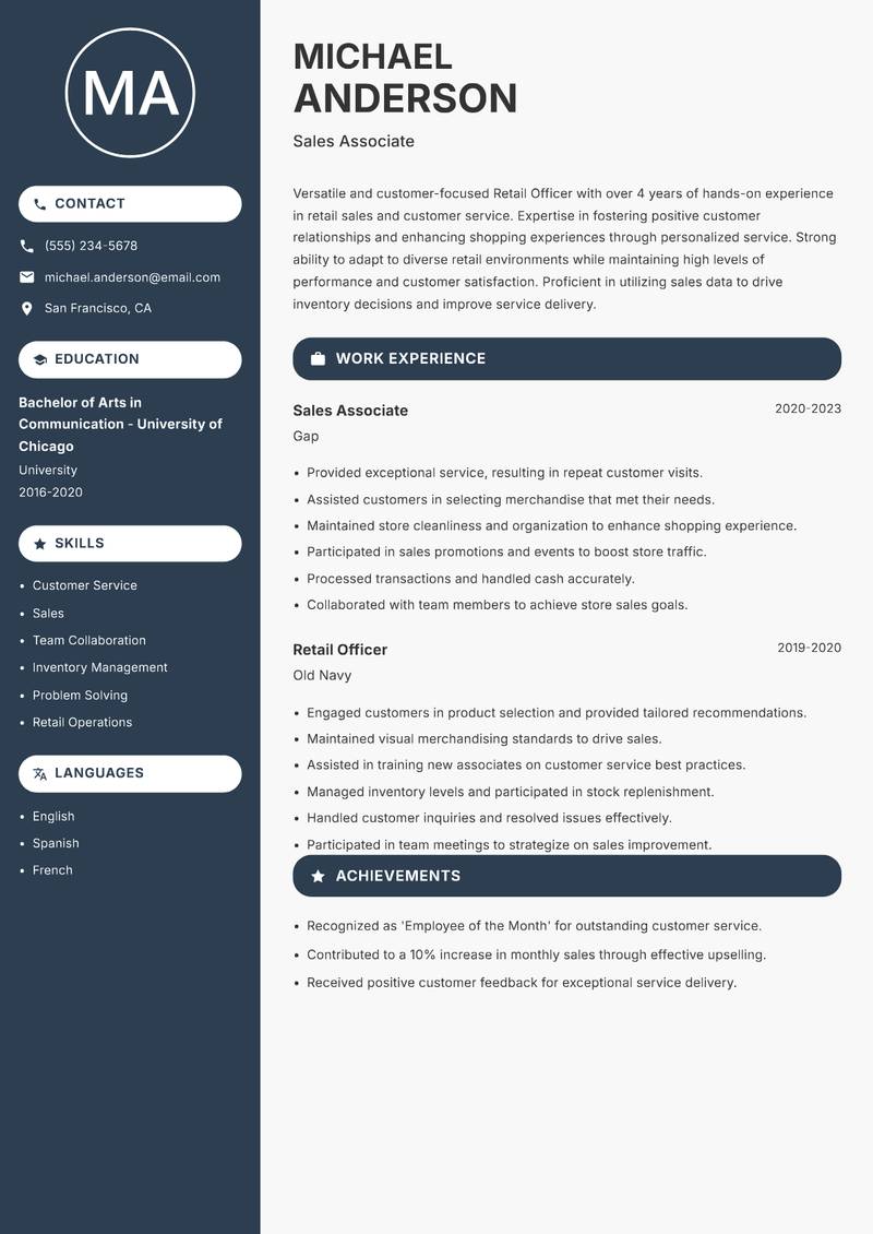 Retail Officer resume sample — Sales Associate focus