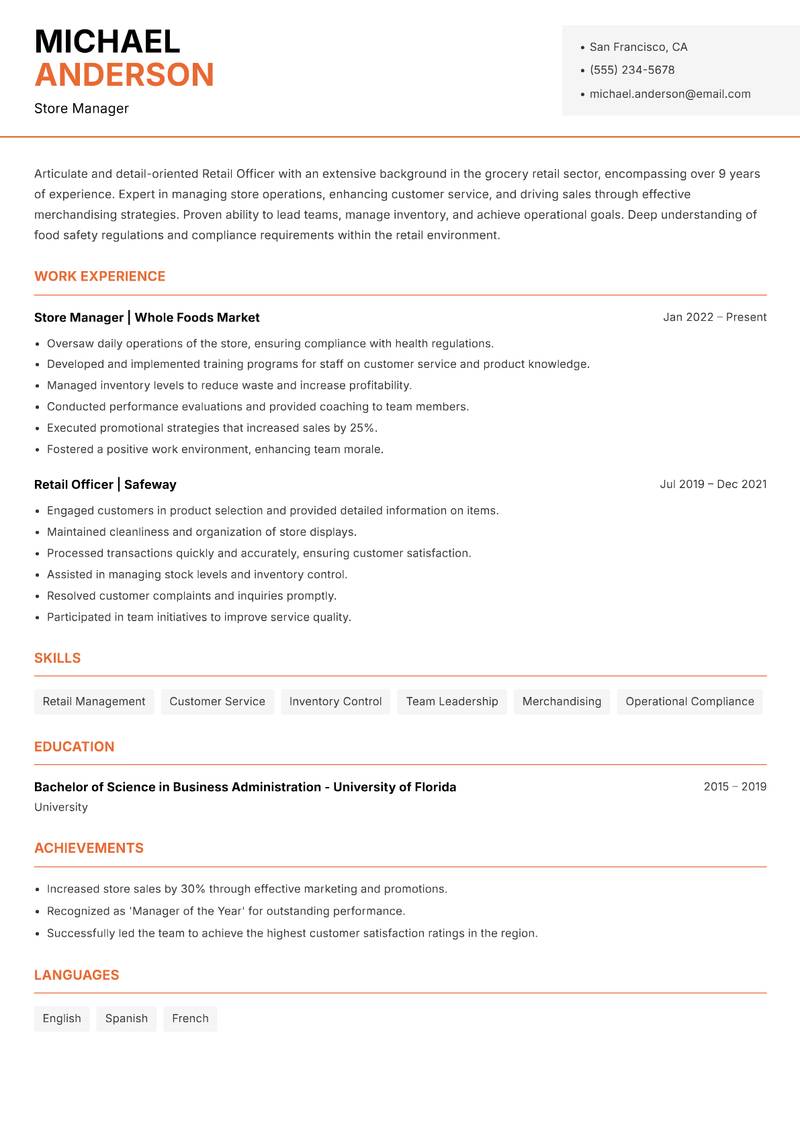 Retail Officer resume sample — Store Manager focus