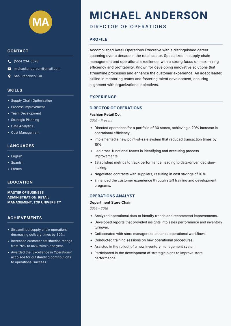Retail Operations Executive resume sample — Director of Operations focus