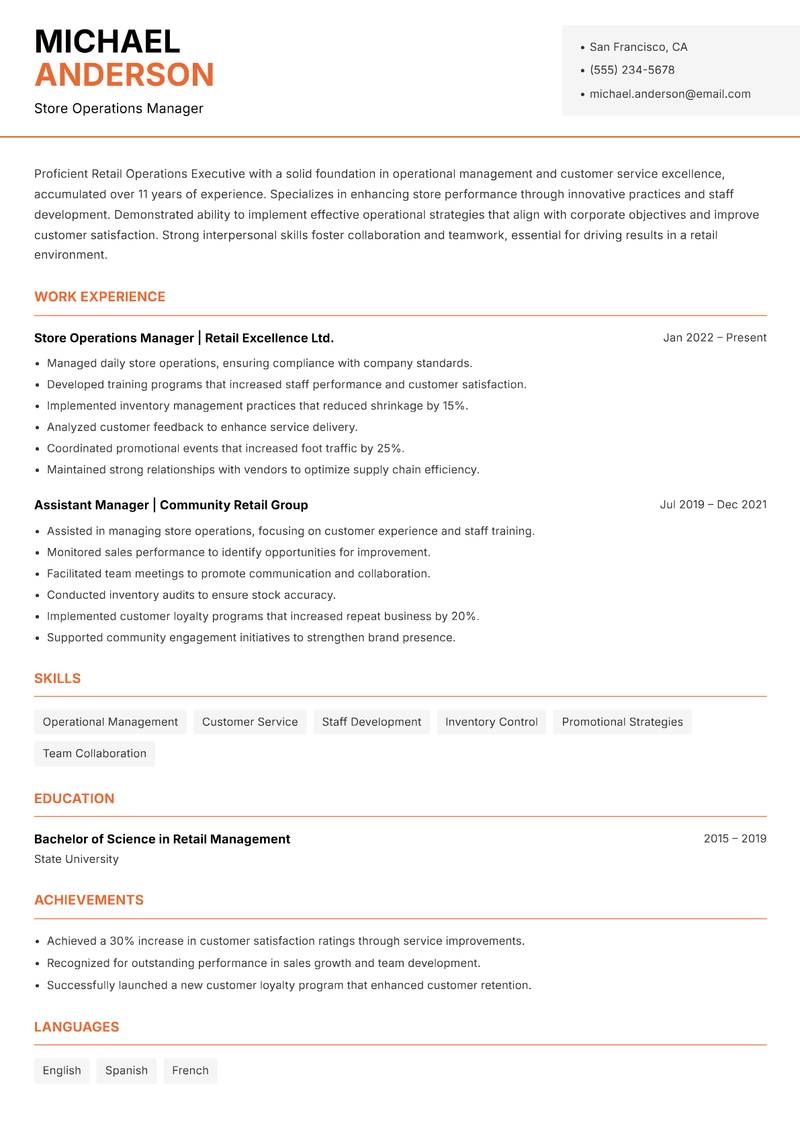 Retail Operations Executive resume sample — Store Operations Manager focus