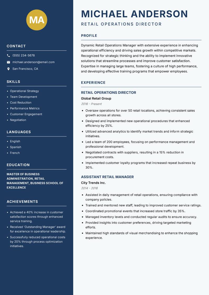 Retail Operations Manager resume sample — Retail Operations Director focus