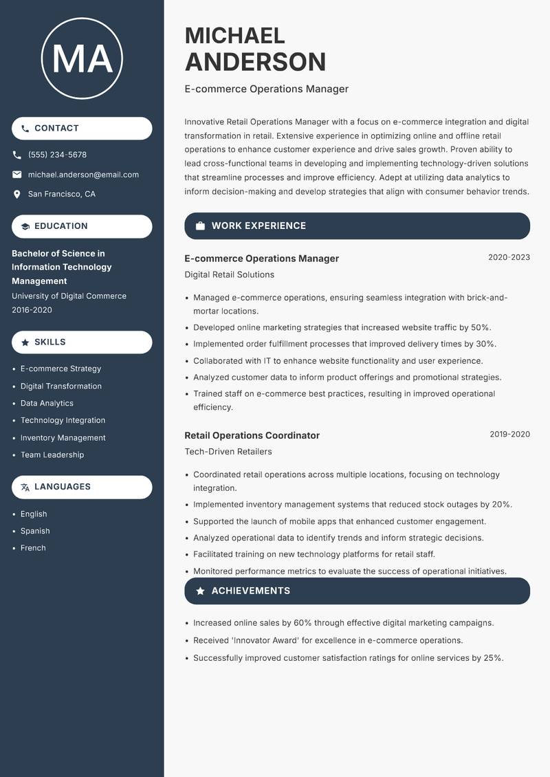 Retail Operations Manager resume sample — E-commerce Operations Manager focus