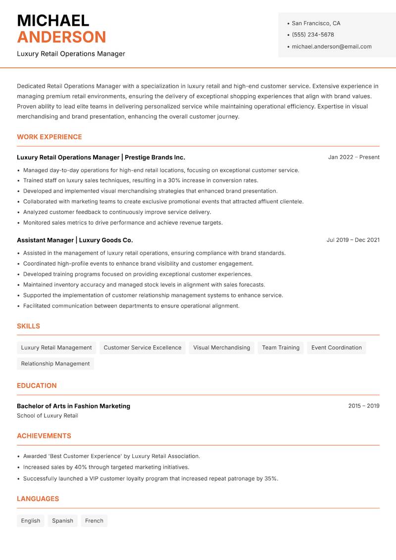 Retail Operations Manager resume sample — Luxury Retail Operations Manager focus