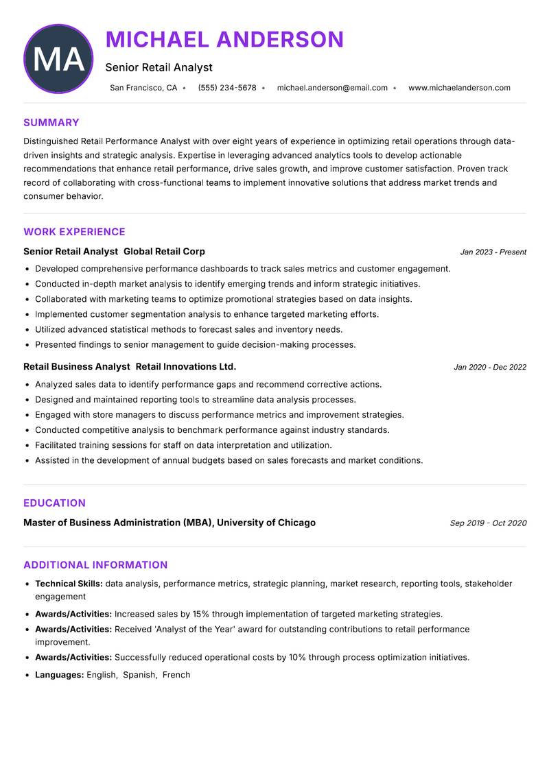 Retail Performance Analyst resume example