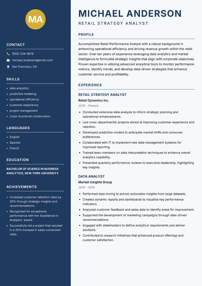 Retail Performance Analyst resume sample — Retail Strategy Analyst focus