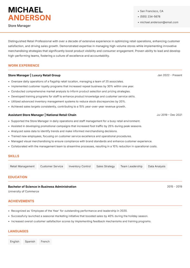 Retail Professional resume sample — Store Manager focus