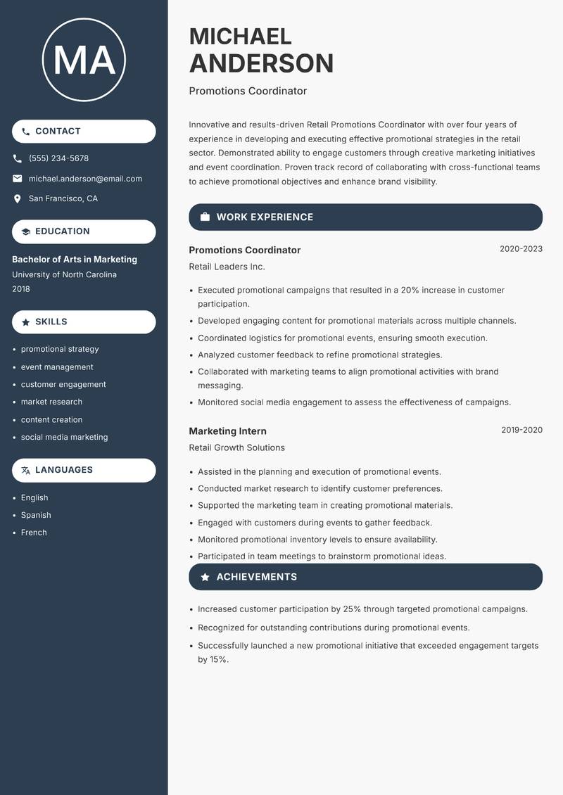 Retail Promotions Coordinator resume sample — Promotions Coordinator focus