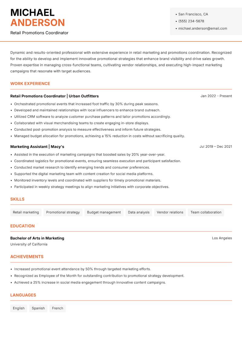 Retail Promotions Coordinator resume sample — Retail Promotions Coordinator focus