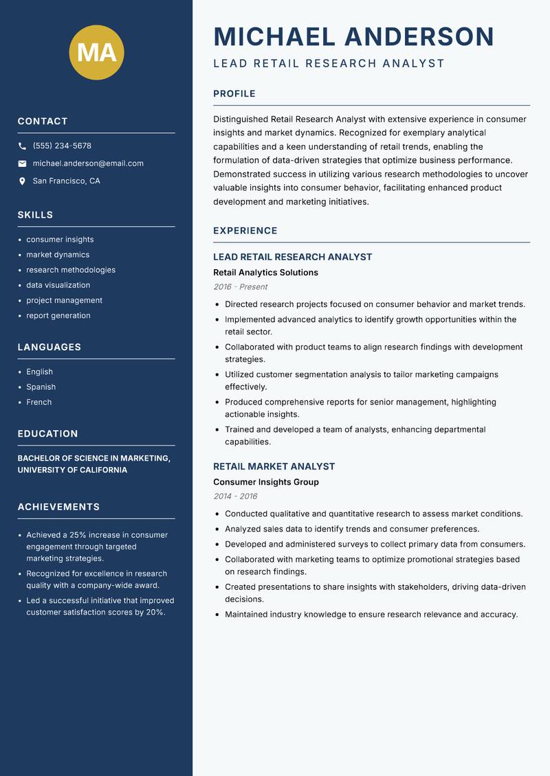 Retail Research Analyst resume sample — Lead Retail Research Analyst focus