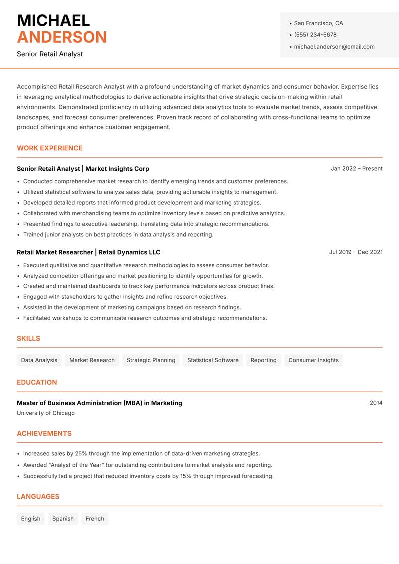 Retail Research Analyst resume sample — Senior Retail Analyst focus