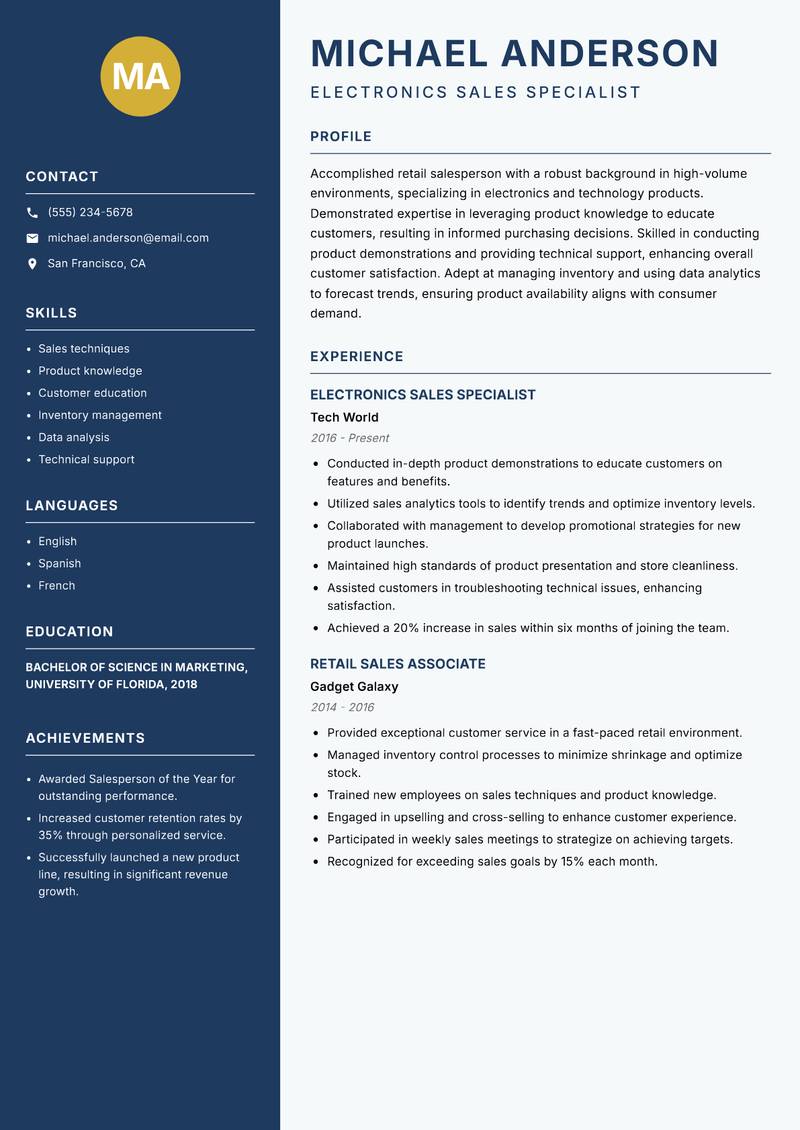 Retail Salesperson resume sample — Electronics Sales Specialist focus