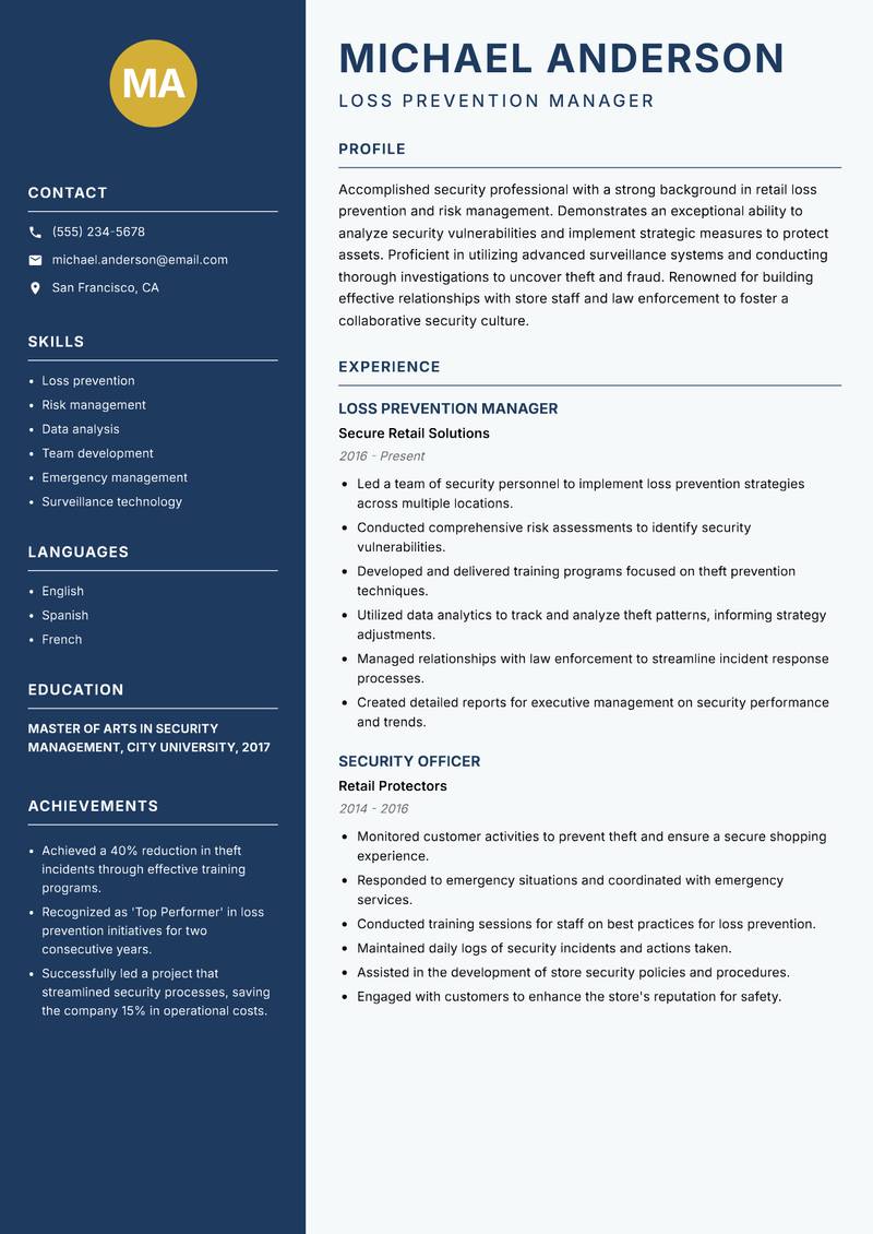 Retail Security Officer resume sample — Loss Prevention Manager focus