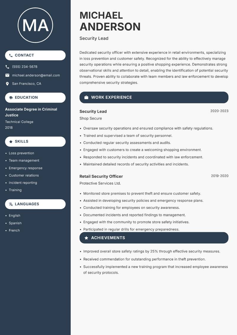 Retail Security Officer resume sample — Security Lead focus