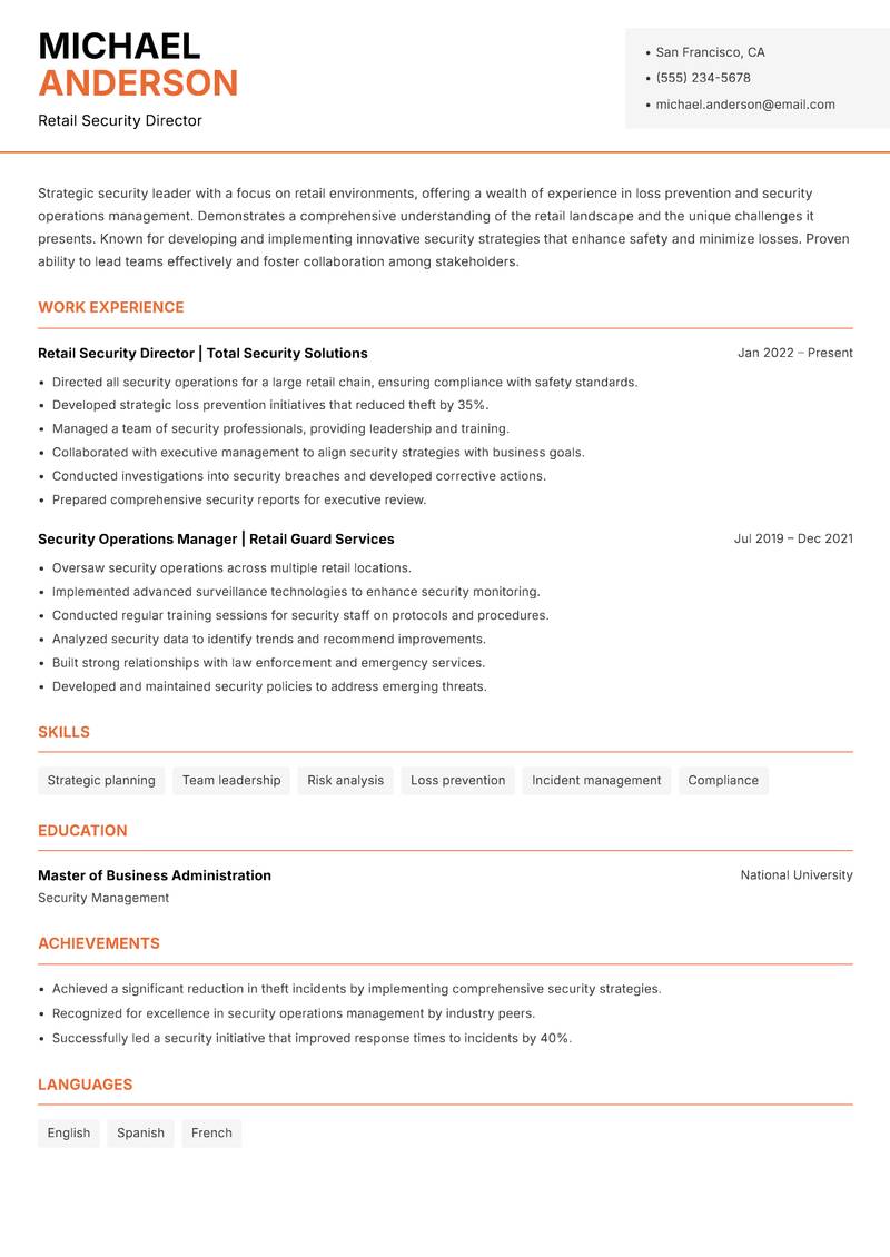 Retail Security Officer resume sample — Retail Security Director focus