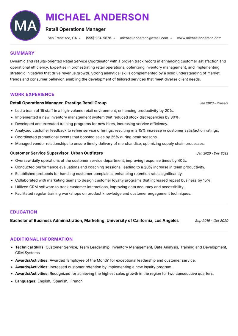 Retail Service Coordinator resume example
