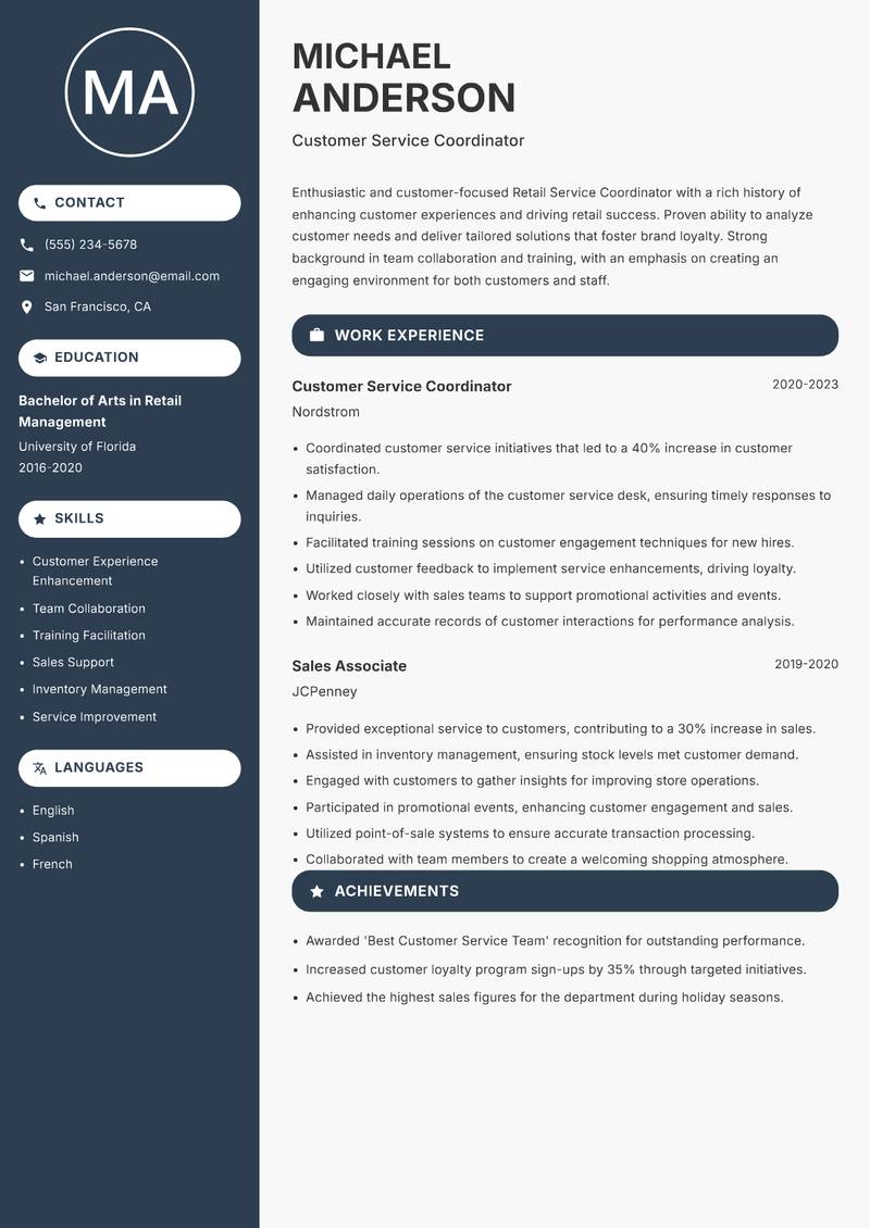 Retail Service Coordinator resume sample — Customer Service Coordinator focus