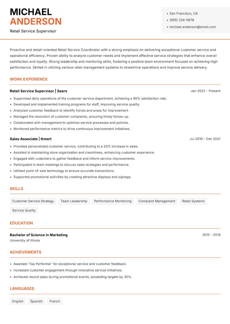 Retail Service Coordinator resume sample — Retail Service Supervisor focus
