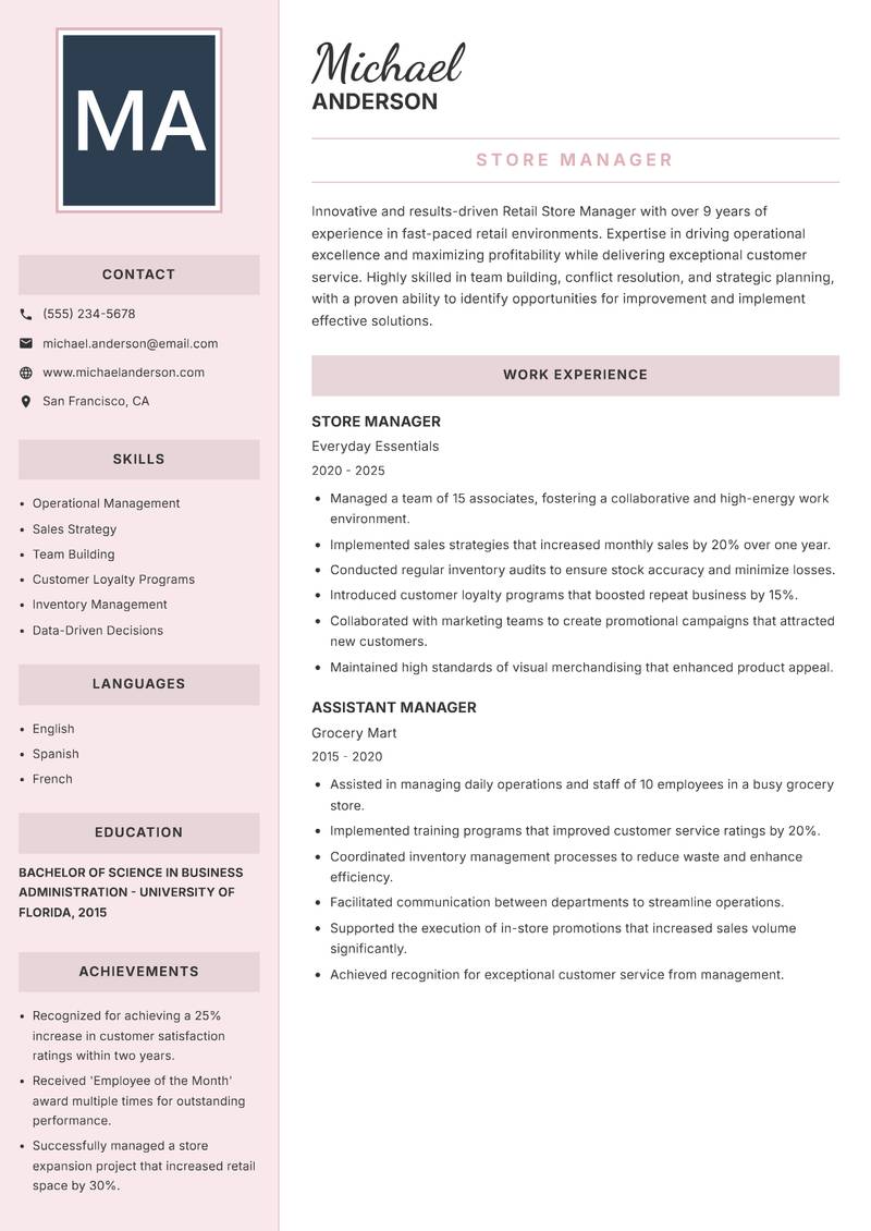 Retail Store Manager resume sample — Store Manager focus