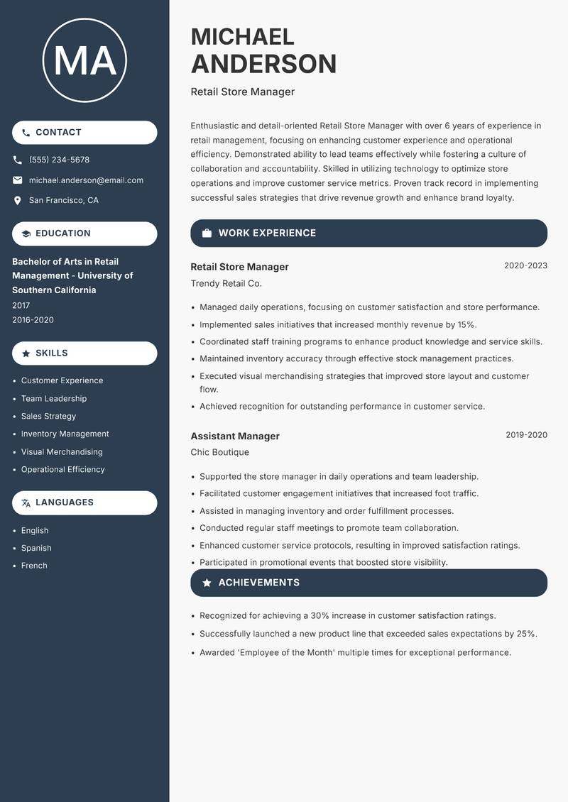 Retail Store Manager resume sample — Retail Store Manager focus