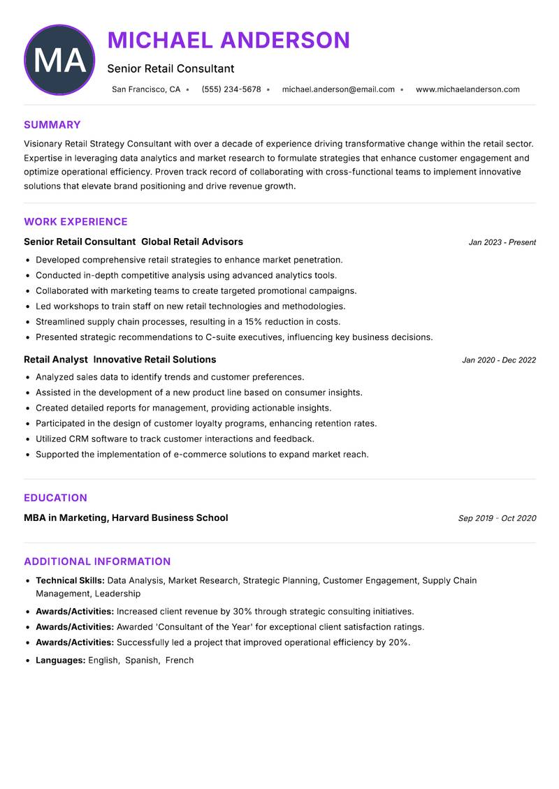 Retail Strategy Consultant resume example