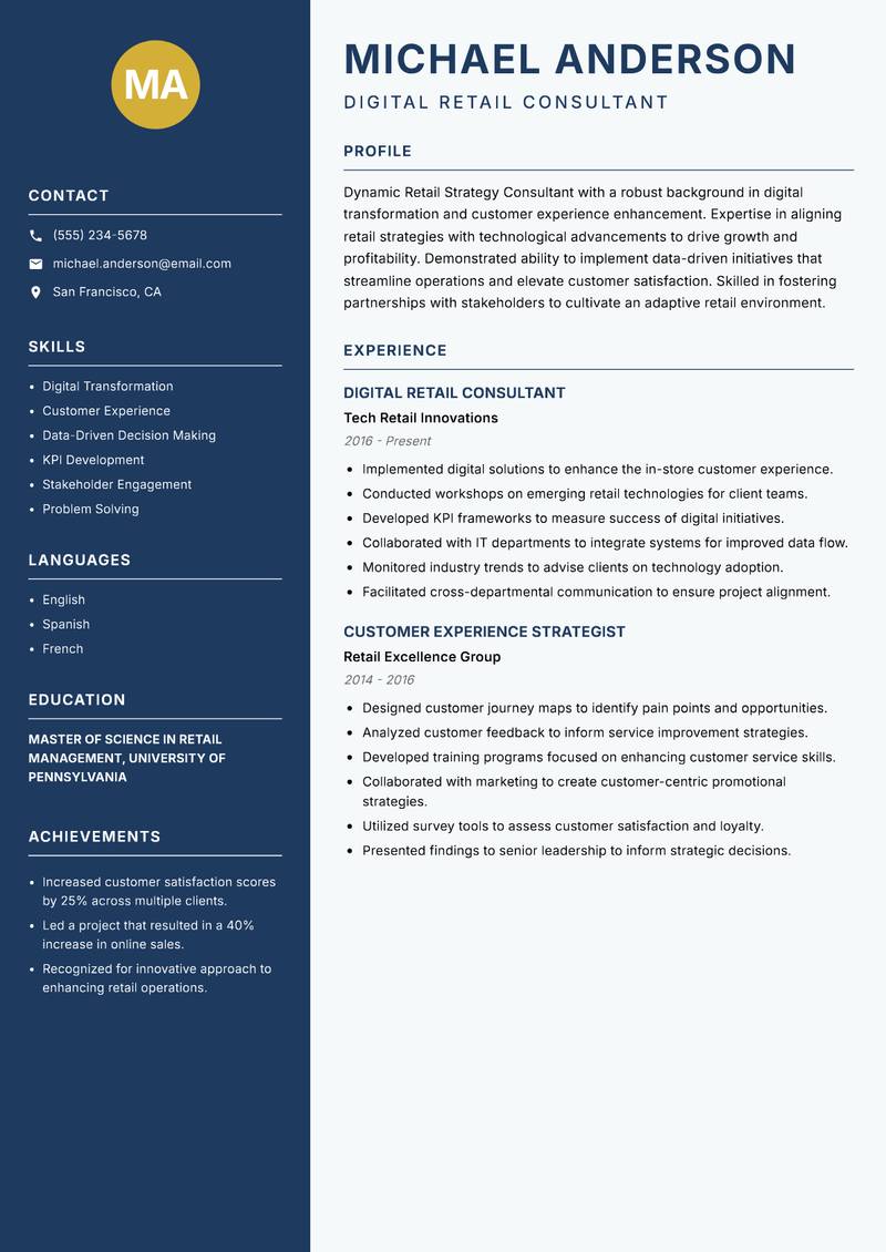 Retail Strategy Consultant resume sample — Digital Retail Consultant focus