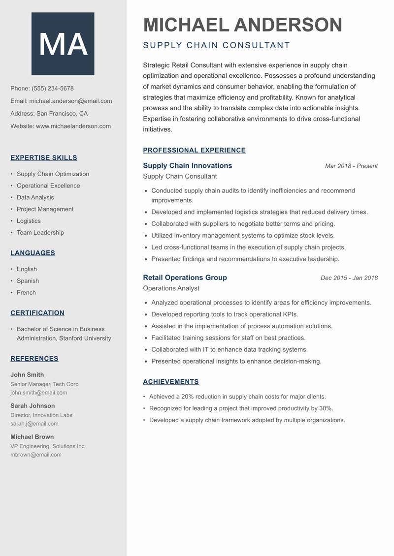 Retail Strategy Consultant resume sample — Supply Chain Consultant focus