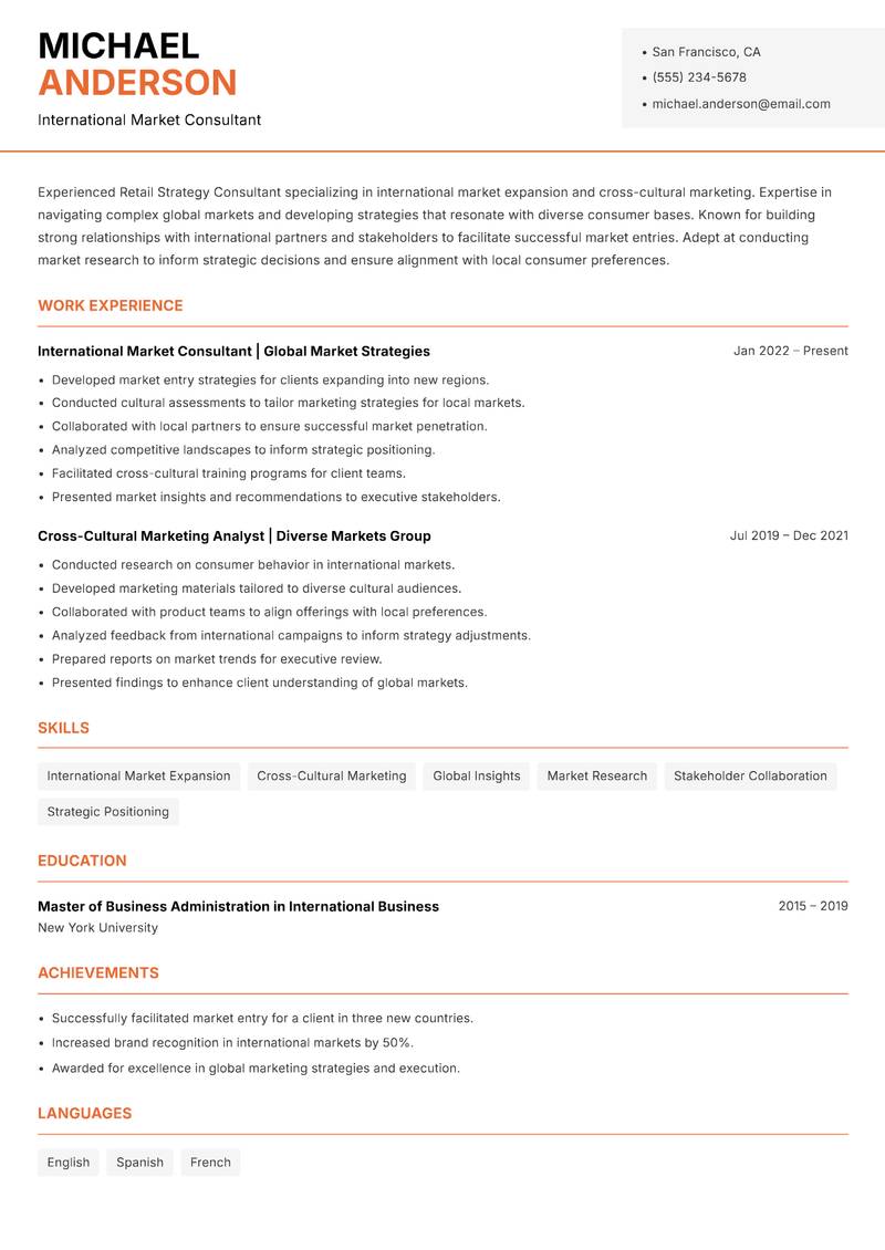 Retail Strategy Consultant resume sample — International Market Consultant focus