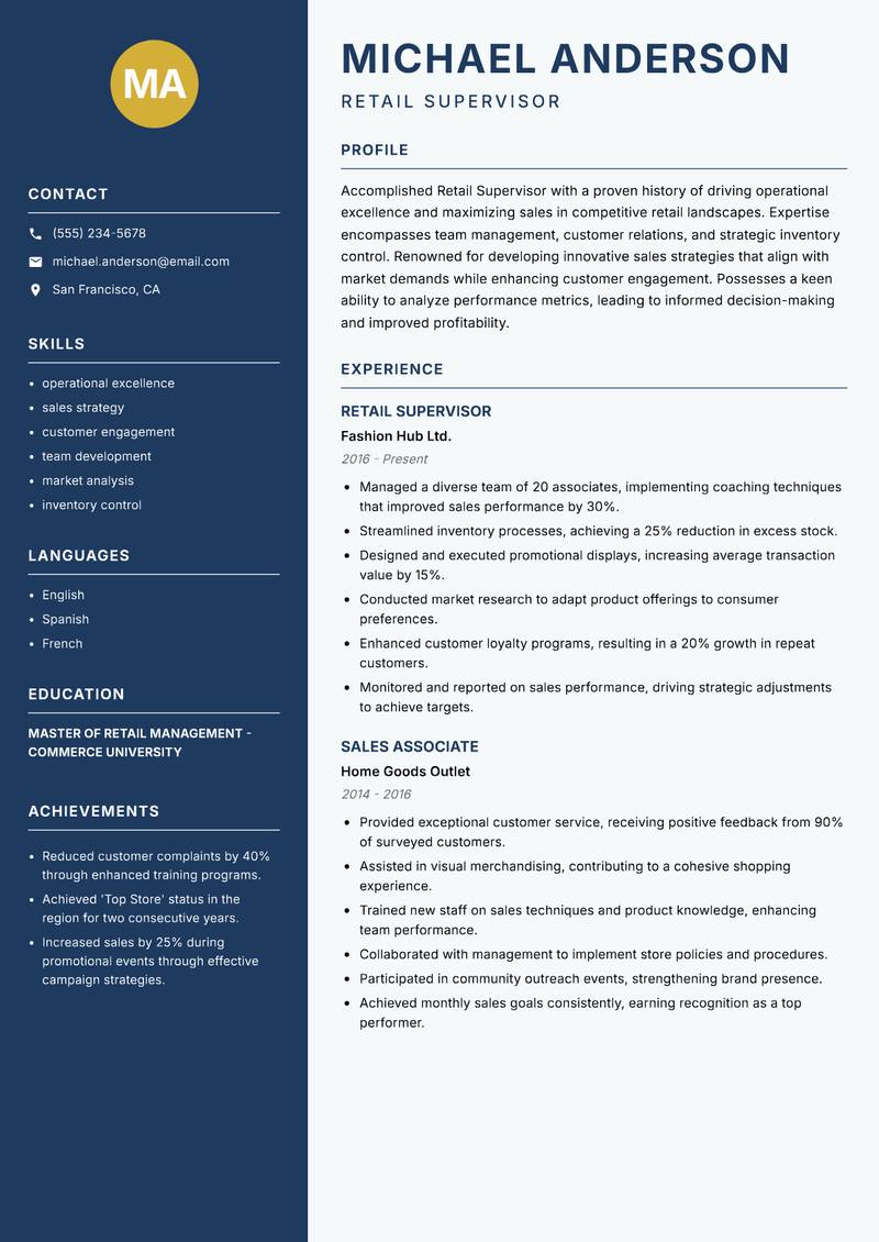 Retail Supervisor resume sample — Retail Supervisor focus