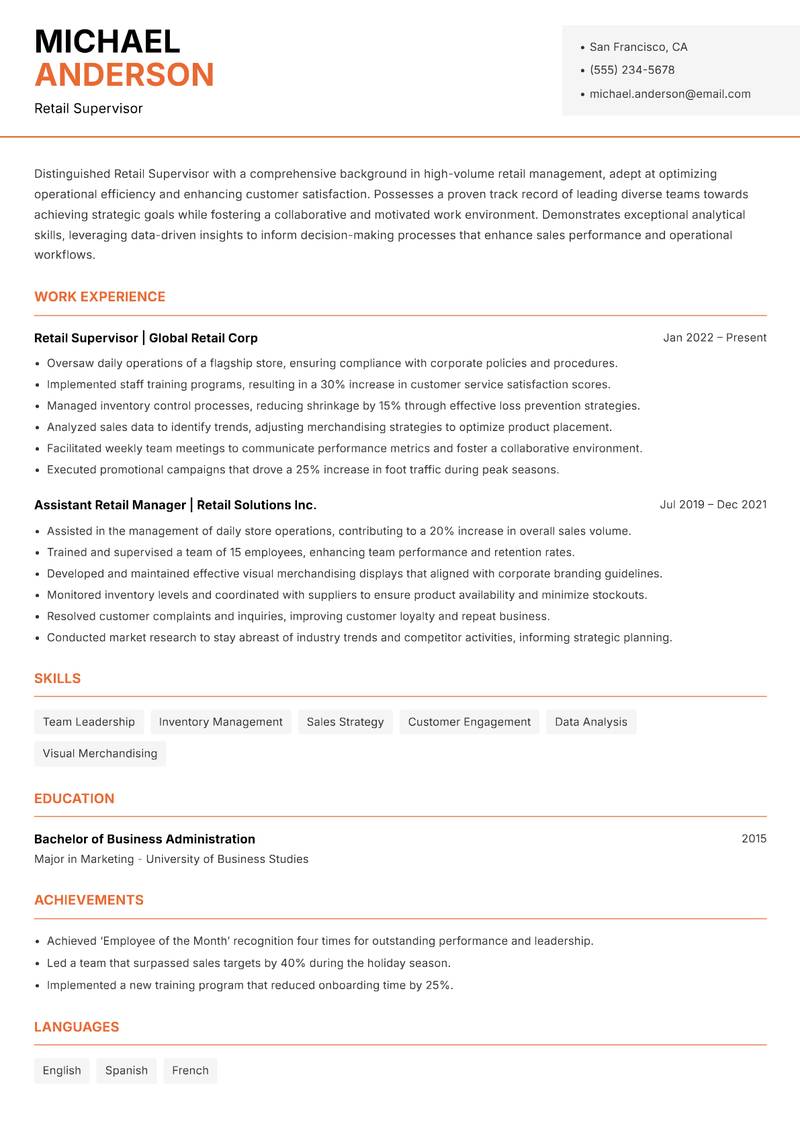 Retail Supervisor resume sample — Retail Supervisor focus