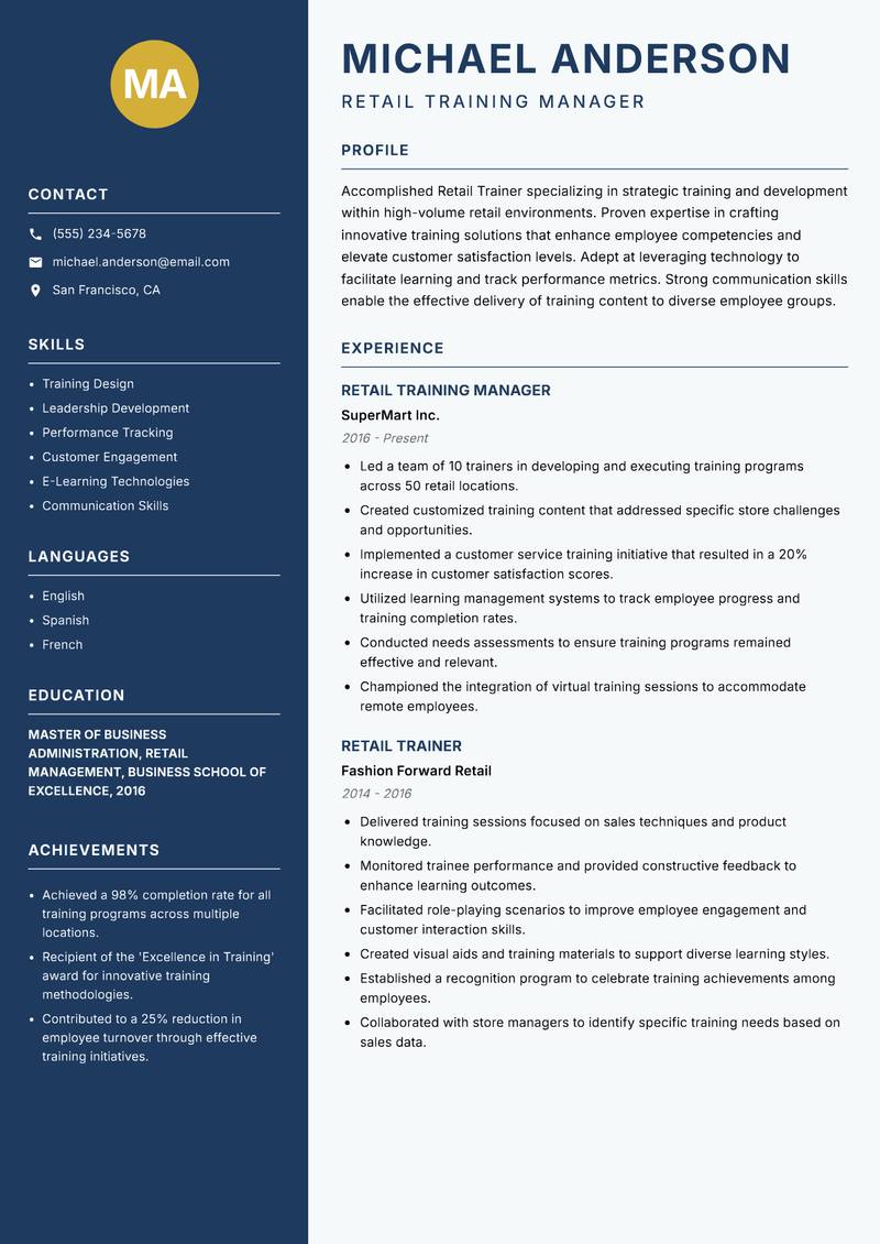 Retail Trainer resume sample — Retail Training Manager focus