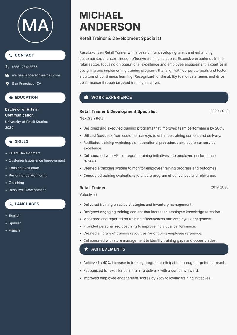 Retail Trainer resume sample — Retail Trainer & Development Specialist focus