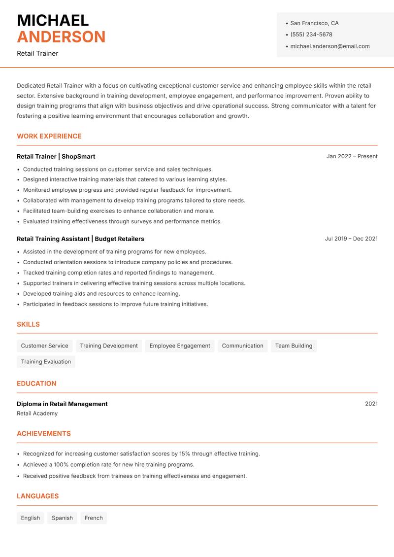 Retail Trainer resume sample — Retail Trainer focus