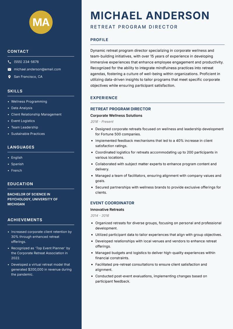 Retreat Program Director resume sample — Retreat Program Director focus