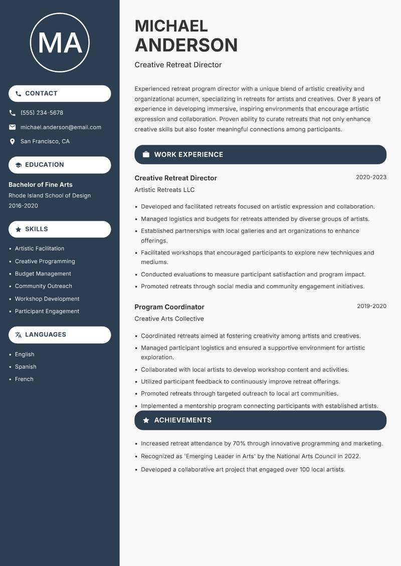Retreat Program Director resume sample — Creative Retreat Director focus