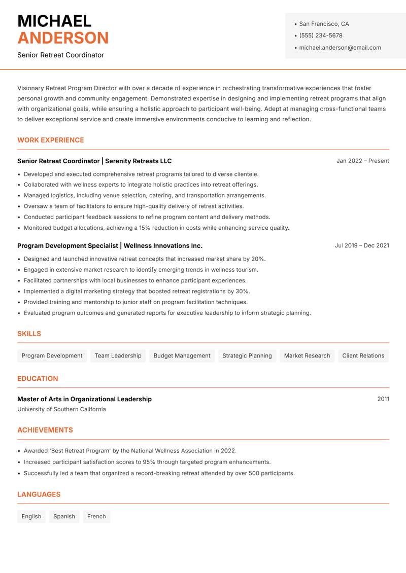 Retreat Program Director resume sample — Senior Retreat Coordinator focus