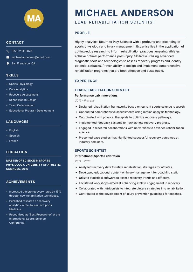 Return to Play Scientist resume sample — Lead Rehabilitation Scientist focus