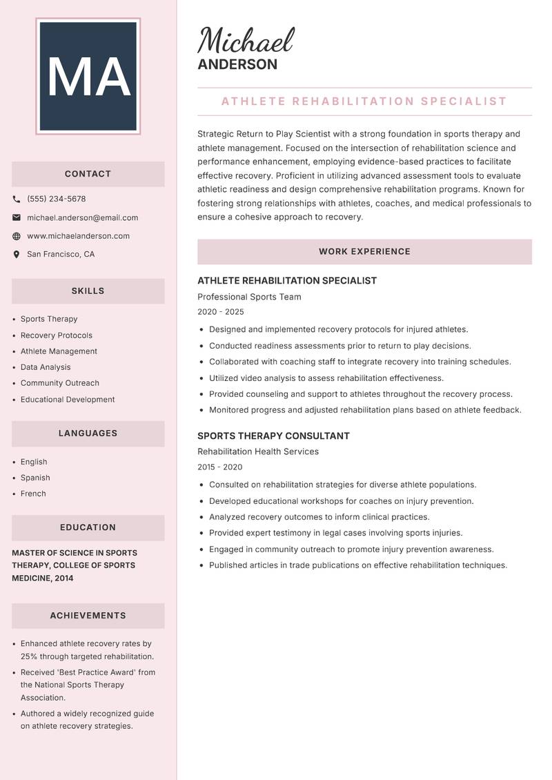 Return to Play Scientist resume sample — Athlete Rehabilitation Specialist focus