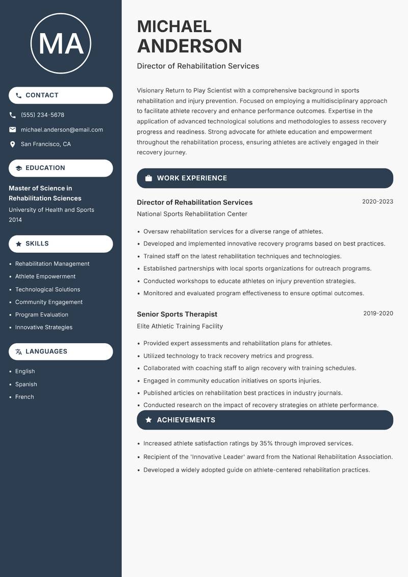 Return to Play Scientist resume sample — Director of Rehabilitation Services focus