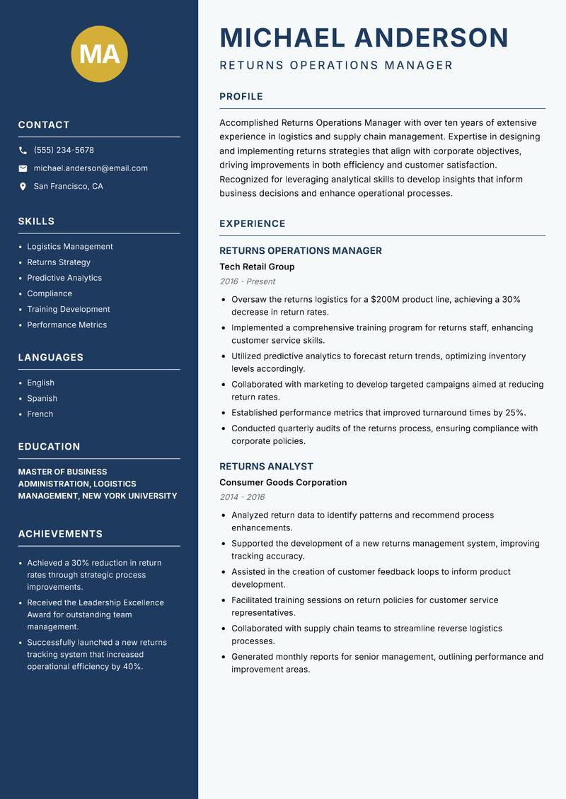 Returns Operations Manager resume sample — Returns Operations Manager focus